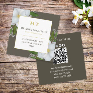 Connect With Me   QR Code Floral Foliage Magnolia Square Business Card