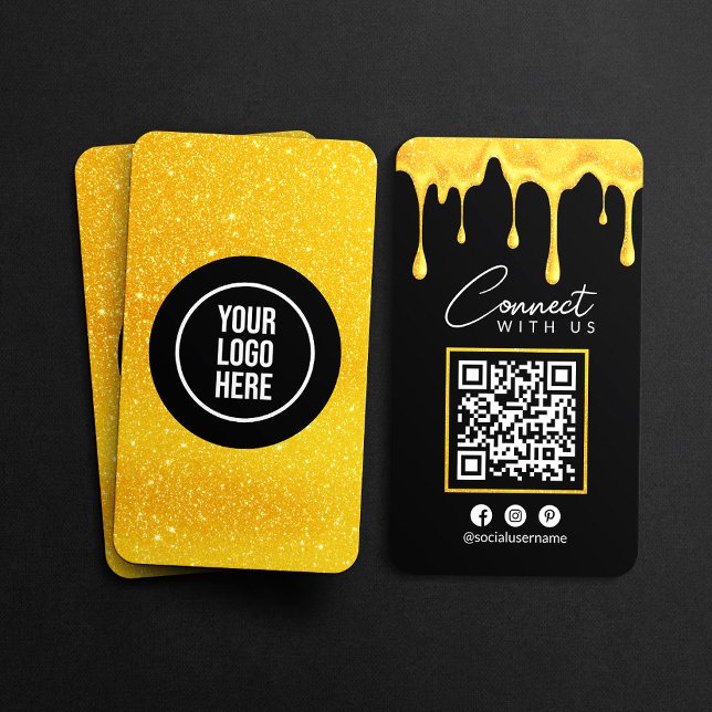 Connect With Us Black Gold Glitter Drips QR Code Business Card (Creator Uploaded)