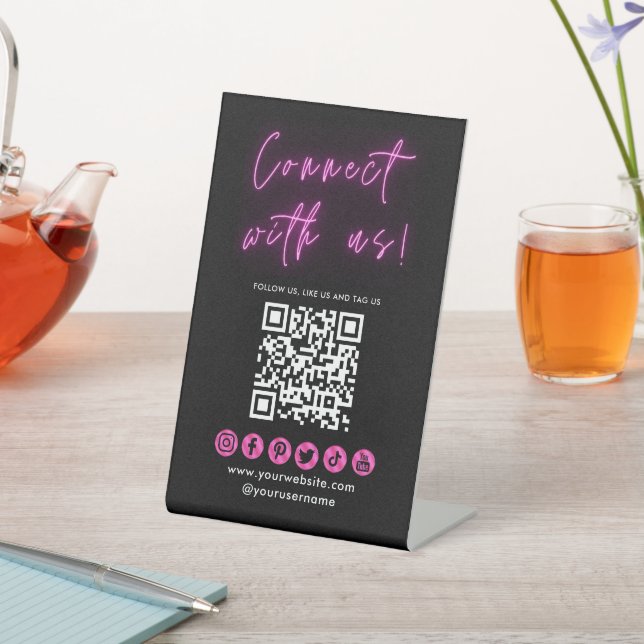 Connect With Us Black Pink QR Code Social Media Pedestal Sign (In SItu)