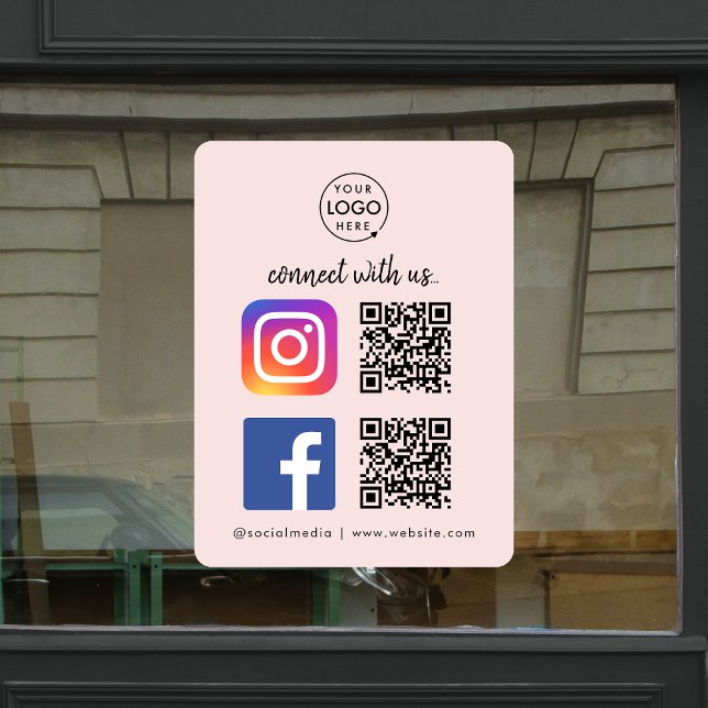 Connect with us Instagram Facebook QR Code Pink (Window cling decal signage for salons, boutiques, studios, cafes, storefront displays & more!)