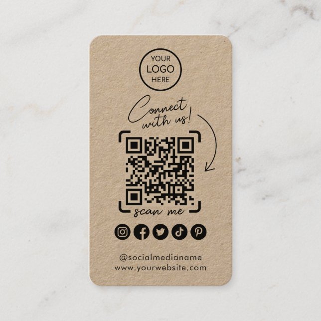 Connect With Us Kraft Social Media QR Code Business Card (Front)