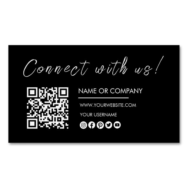Connect with us Logo Qr Code Minimalist Black Magnetic Business Card (Front)