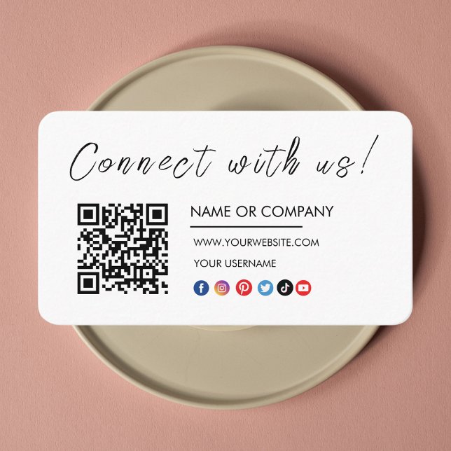 Connect with us Logo Qr Code Social Media White Business Card (Creator Uploaded)