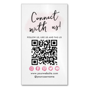 Connect With Us Pink Social Media QR Code Modern Magnetic Business Card