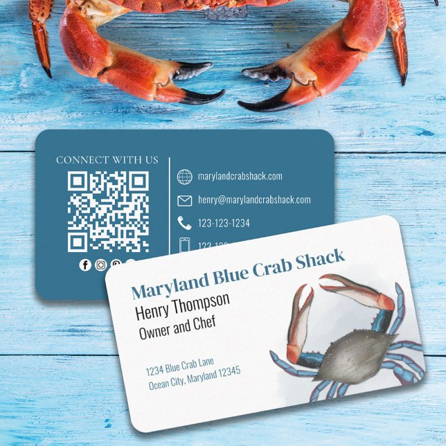 Connect With Us | QR Code Blue Crab Coastal Sea  Business Card (Creator Uploaded)