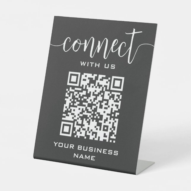 Connect With Us Qr Code Grey Chic Modern Minimal Pedestal Sign (Front)