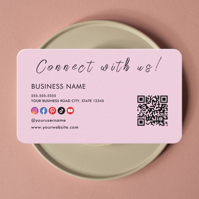 Connect with us Qr Code Social Media Logo Pink Business Card (Creator Uploaded)
