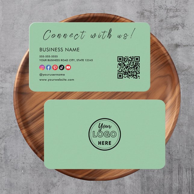 Connect with us Qr Code Social Media Mint Green Business Card (Creator Uploaded)