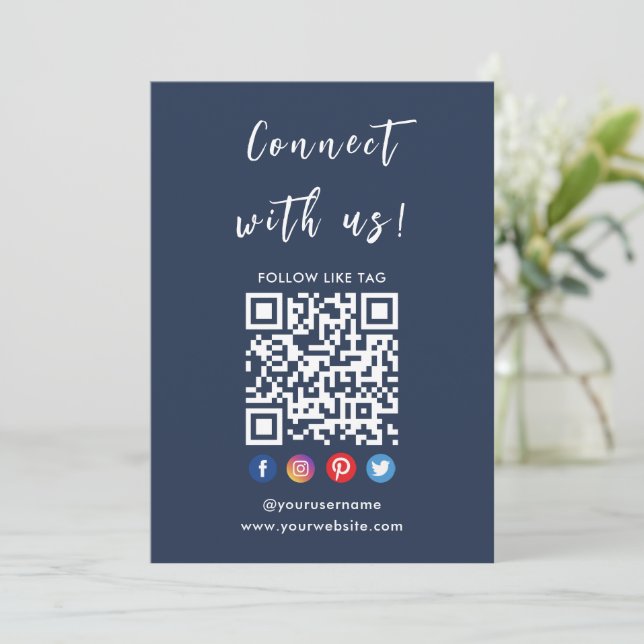 Connect With Us Qr Code Social Media Navy Blue Invitation (Standing Front)