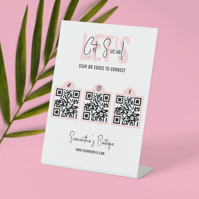 Connect With Us QR Code Social Media Pink Modern Pedestal Sign (Connect with your clients with this scannable 3 QR code social media sign in pink and white)