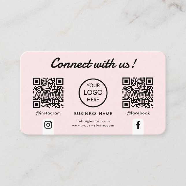 Connect with us Social Media Double QR Code Pink Business Card (Front)