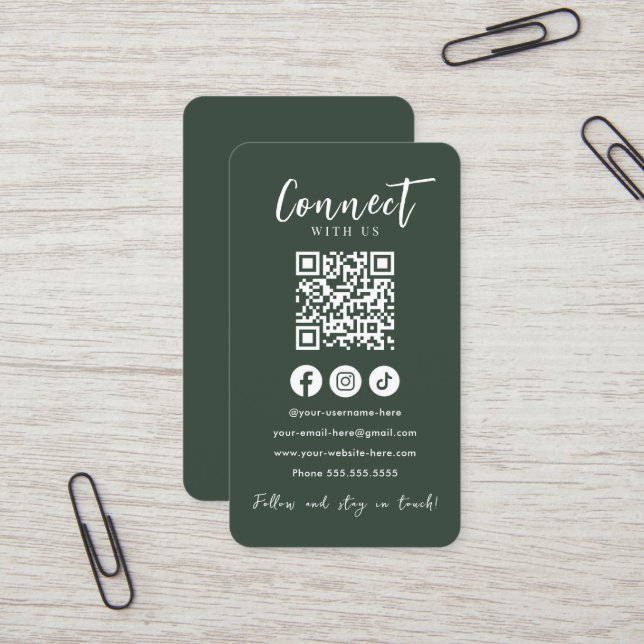 Connect With Us Social Media Forest Green QR Code Business Card (Front/Back In Situ)