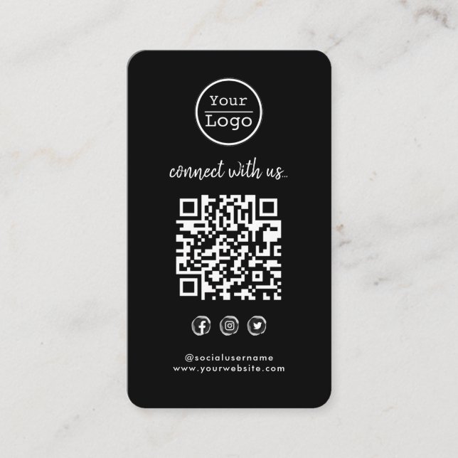 Connect with us | Social Media QR Code Black  Business Card (Front)