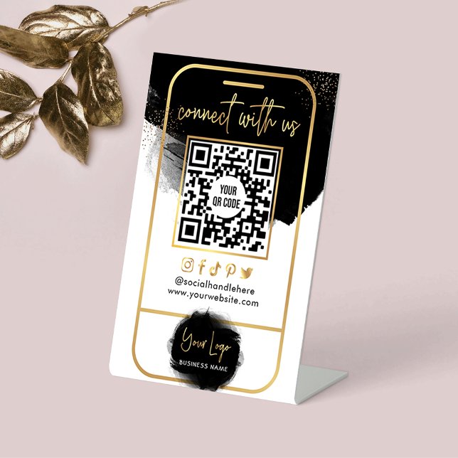 Connect With Us Social Media QR Code Black & Gold Pedestal Sign (Creator Uploaded)
