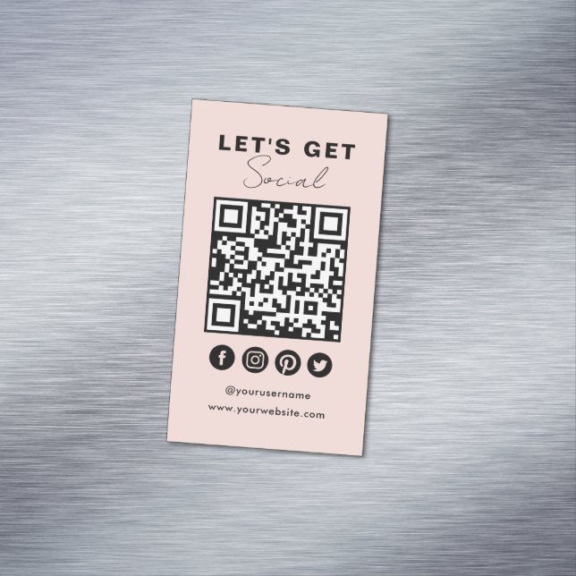 Connect With Us Social Media QR Code Blush Pink Magnetic Business Card (In Situ)