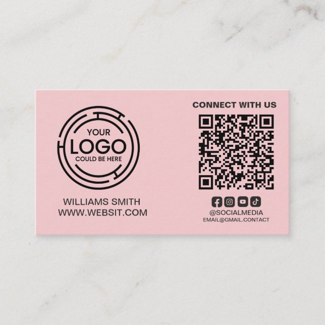 Connect with Us Social Media Qr Code Pink Business Card (Front)