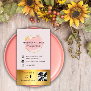 connect with us, social media, qr code pink gold  business card