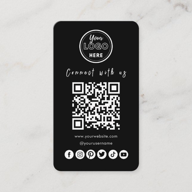 Connect With Us Social Media QR Code Trendy Black Business Card (Front)
