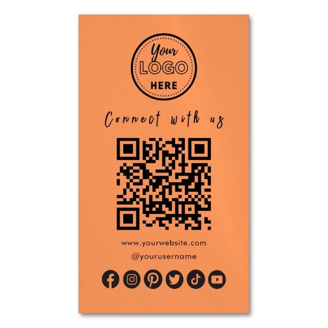 Connect With Us Social Media QR Code Trendy Orange Magnetic Business Card (Front Vertical)