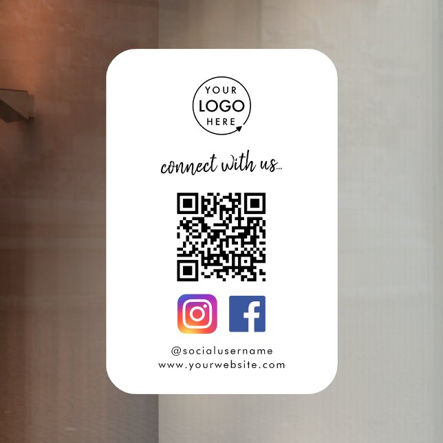 Connect with us | Social Media QR Code White (Connect with us QR code window clings to promote your social media - Instagram, Facebook & more!)
