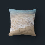connected hearts in beach sand with ocean surf cushion<br><div class="desc">Linking beach hearts in sand with ocean background
Names can be customised.</div>