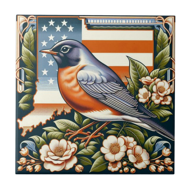 Connecticut American Robin and State Flower Blue Tile (Front)