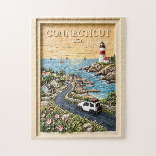 Connecticut Coastal Lighthouse Vintage Road Trip Jigsaw Puzzle