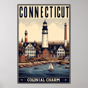 Connecticut Colonial Charm Lighthouse Vintage  Poster