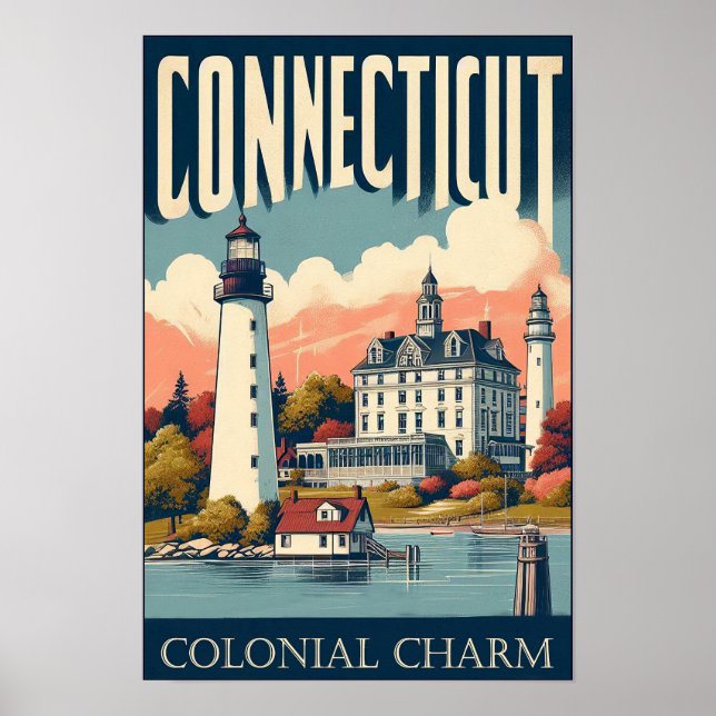 Connecticut Colonial Charm Lighthouse Vintage  Poster (Front)