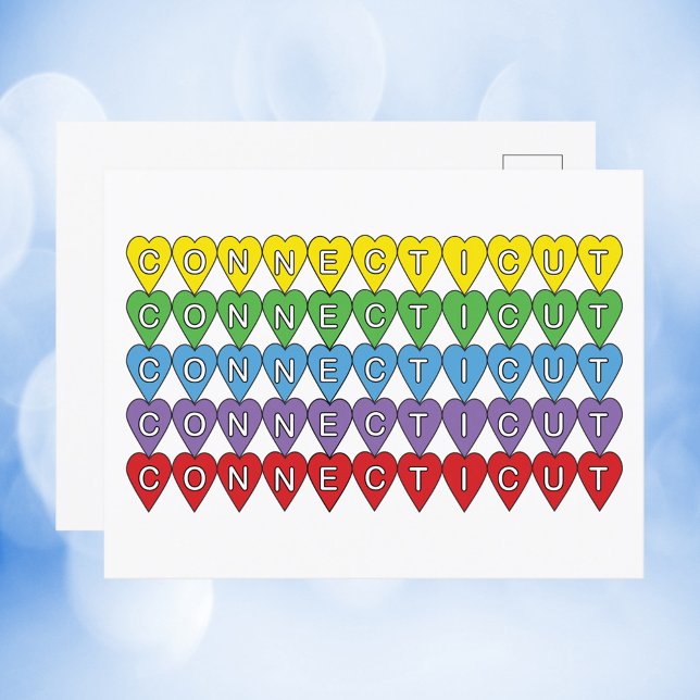 Connecticut Colourful Hearts Postcard (A cute postcard with a colorful heart pattern and the word Connecticut)