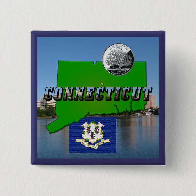 Connecticut' Map, Text, Faux Quarter, Flag Scenery 15 Cm Square Badge (Front)