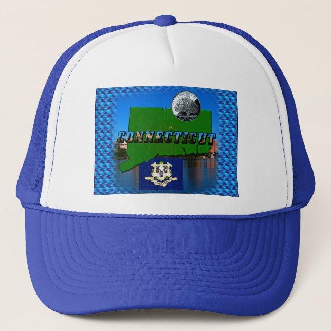 Connecticut' Map, Text, Faux Quarter, Flag Scenery Trucker Hat (Front)