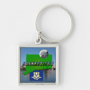 Connecticut' Map, Text, Quarter, Flag and Scenery Key Ring