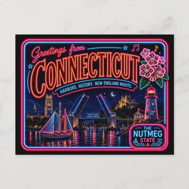 Connecticut Neon State Retro Vintage Postcard (Front)