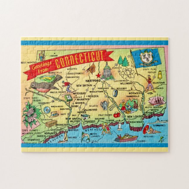 Connecticut Postcard Map 11x14 Jigsaw Puzzle (Horizontal)
