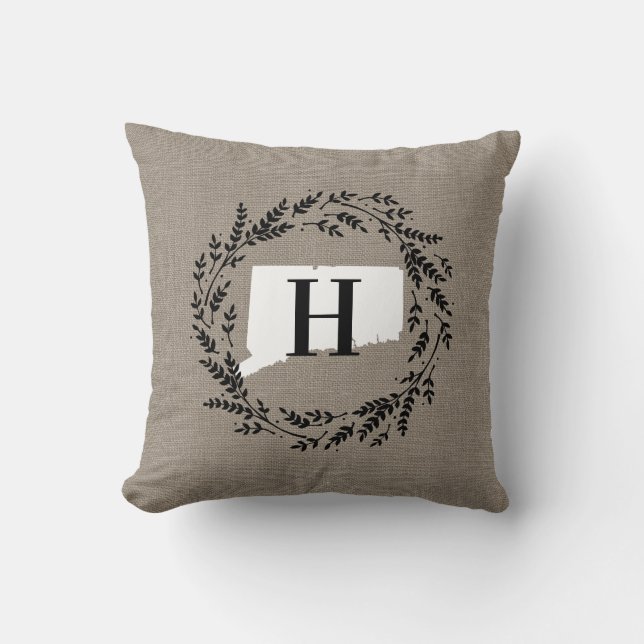 Connecticut Rustic Wreath Monogram Throw Pillow (Front)