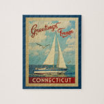 Connecticut Sailboat Vintage Travel Jigsaw Puzzle<br><div class="desc">This Greetings From Connecticut vintage travel nautical design features a boat sailing on the water with seagulls and a blue sky filled with gorgeous puffy white clouds.</div>