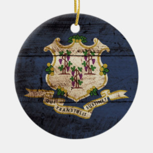 Connecticut State Flag on Old Wood Grain Ceramic Tree Decoration