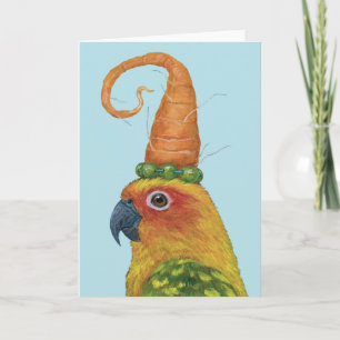 Connor the conure with hat of carrot and peas card
