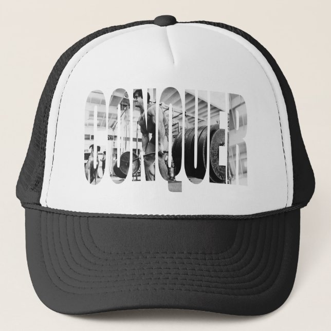 CONQUER, Deadlift, Workout Motivational Trucker Hat (Front)