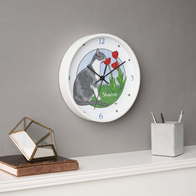 Consider the Flowers Cat with Tulips Personalised Clock (Office)