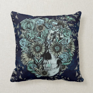 Constant, navy blue butterfly skull cushion
