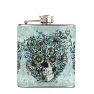 Constant, pale blue butterfly skull hip flask