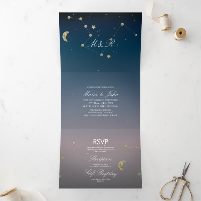 Constellation Gold Faux Foil Ombre Sky Wedding  Tri-Fold Invitation (Inside)