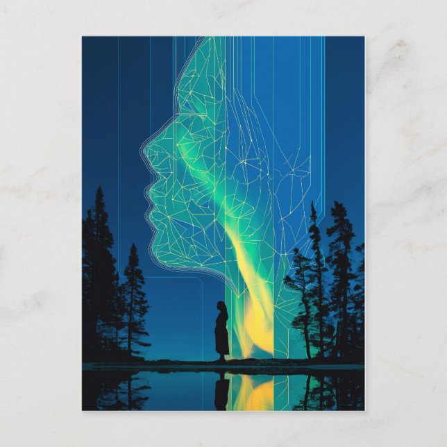 Constellations and aurora, minimalist line art postcard (Front)