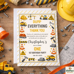 Construction 1ST Birthday Builder Truck Party Thank You Card