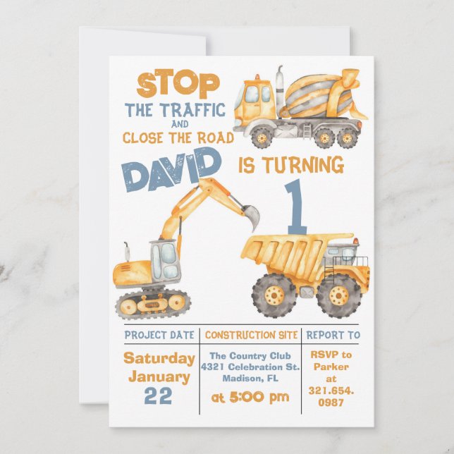 Construction 1st Birthday Dump Truck Party Invitation (Front)