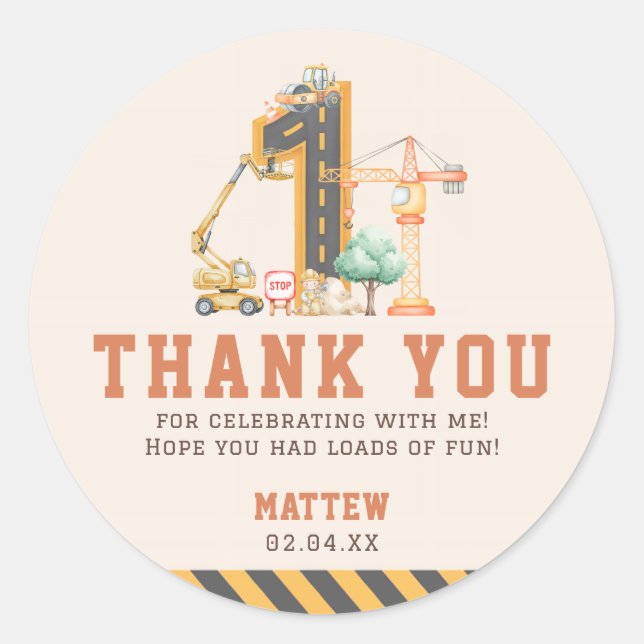 Construction 1st Birthday Party Classic Round Sticker (Front)