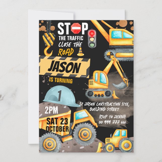 Construction 1st Birthday Party Dump Truck Digger Invitation (Front)