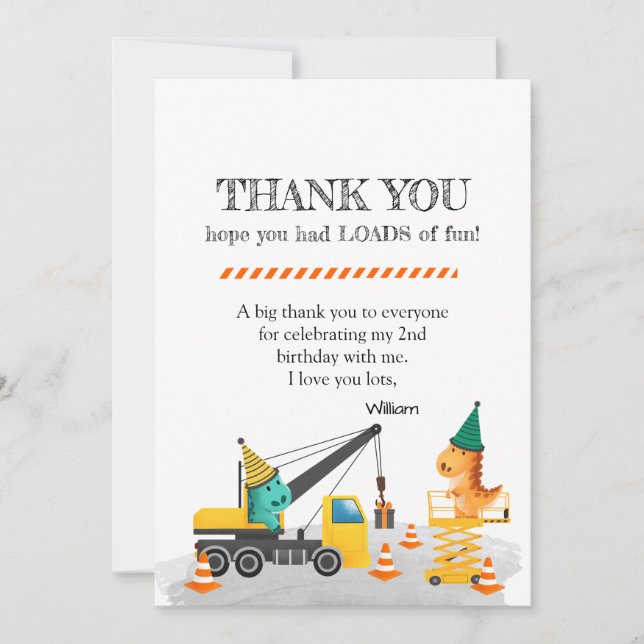 Construction 2nd Birthday Party, Dinosaur Theme Invitation (Front)